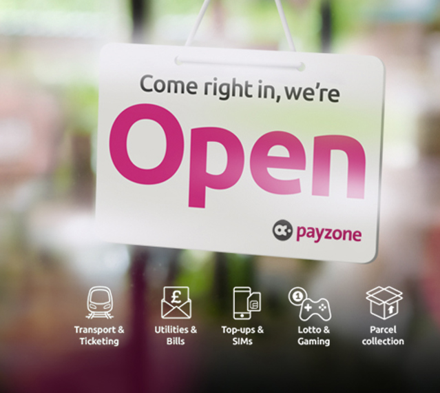 Payzone open sign in shop window