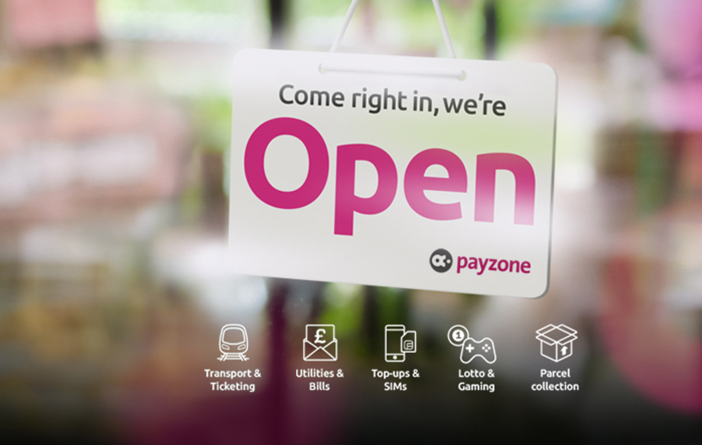 Payzone open sign in shop window