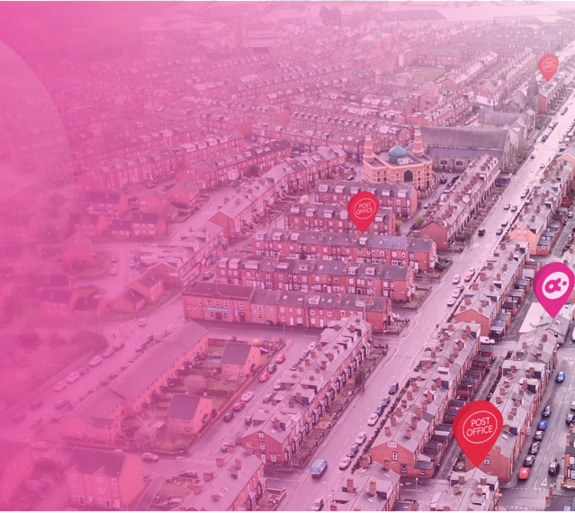 Post office and payzone location pindrops high up above city