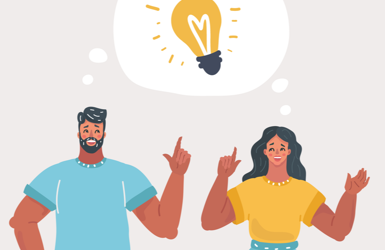 Animated couple below lightbulb in thought bubble