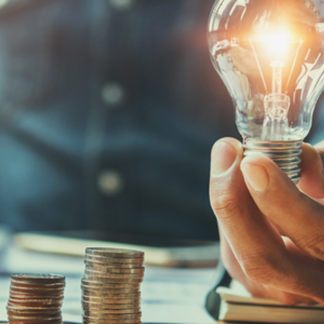 lightbuld held next to coins