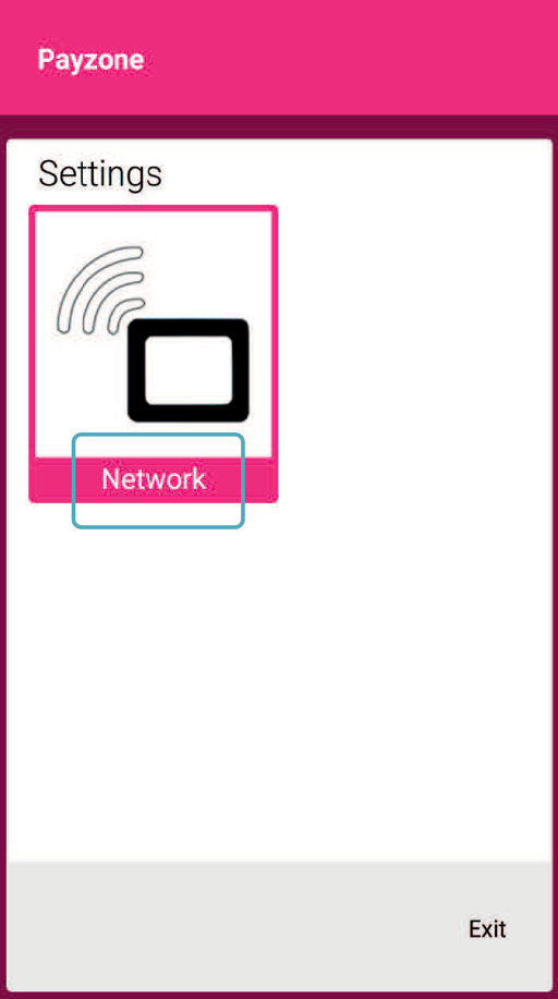 Payzone Plus device displaying Network button with Exit option in Settings screen
