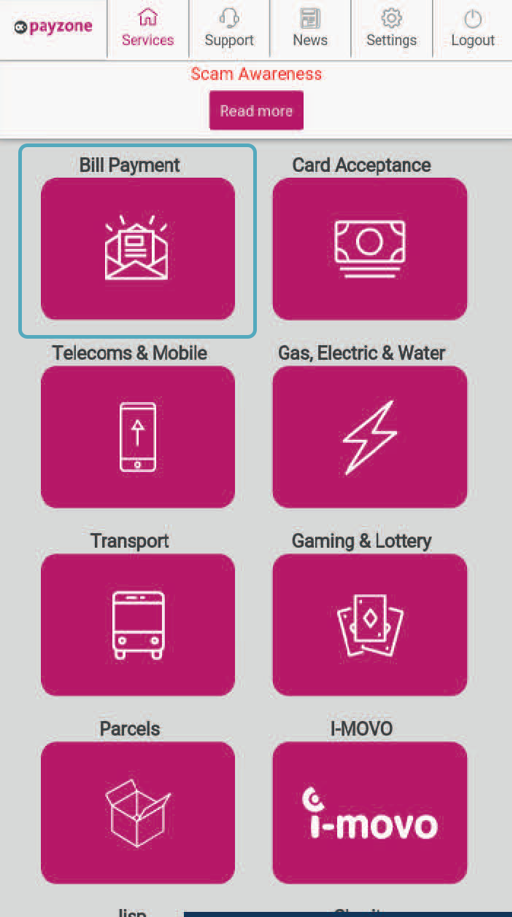 Payzone Plus device displaying bill payments option selected on services screen