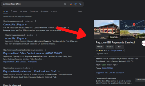 Example of Google search results showing Payzone head office information