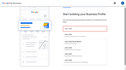 Google My Business page with Start building your business profile highlighted