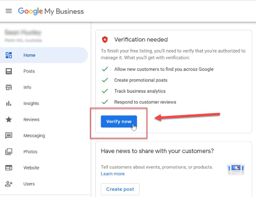 Google My Business verification page