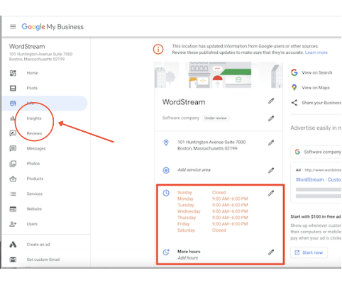 Google My Business page with Insights selected